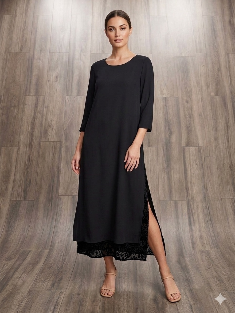 J. Jill Black Maxi Dress with Subtle Velvet Panel 2 Layered Matte Jersey